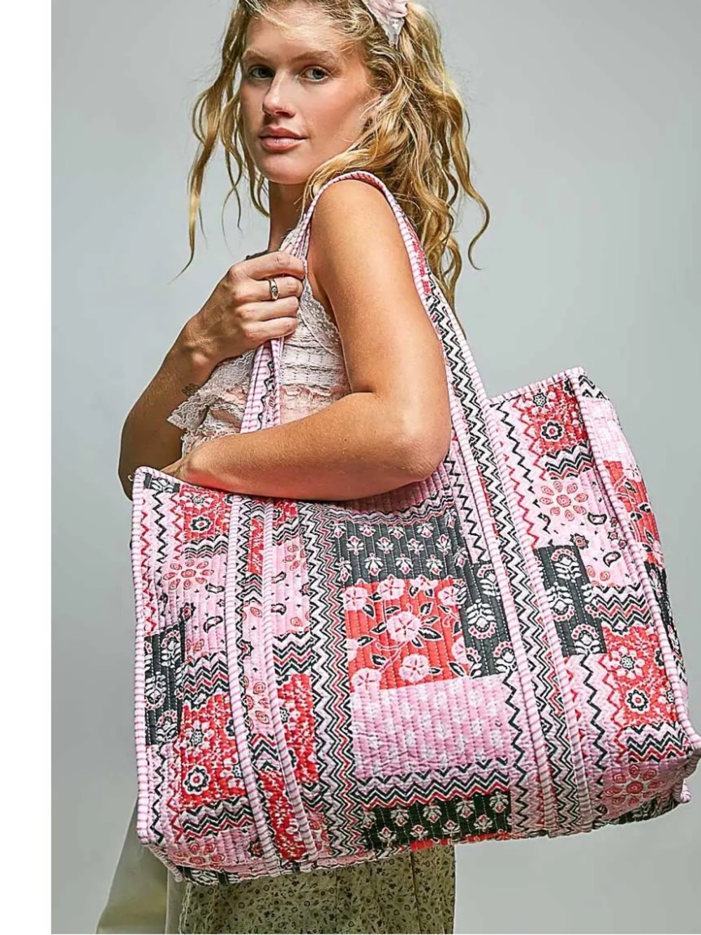 467. POL quilted woven bohemian tote bag patchwork pink print